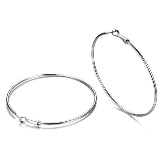 14K White Gold Filled Smooth Hoop Earrings 50mm 1.96" Party Gift - Picture 4 of 5